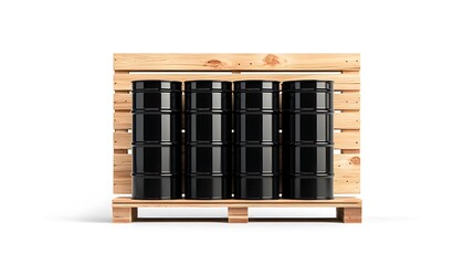 3D Render: Black Barrels Securely Packed on Wooden Pallet AI Generated