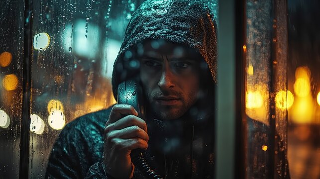  Worried man on a public payphone, gripping the receiver tightly. Dressed in a hoodie, standing under a flickering streetlight on a rainy night.