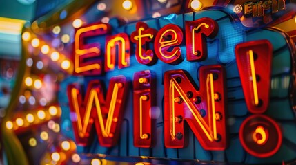 A close-up of a large, colorful sweepstakes banner with "Enter to Win!" in bold letters, set on a solid background.