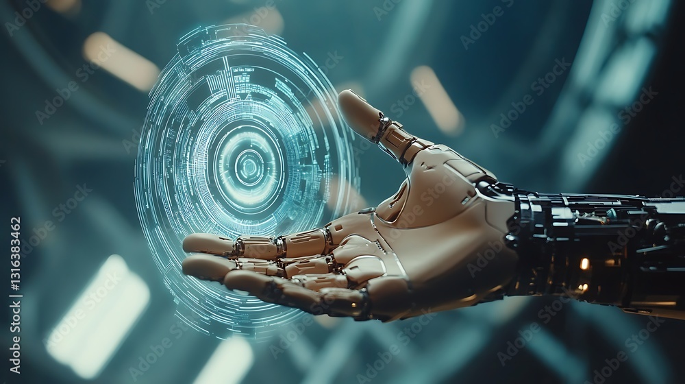 Poster futuristic robotic hand projecting a glowing holographic interface in a sci-fi setting