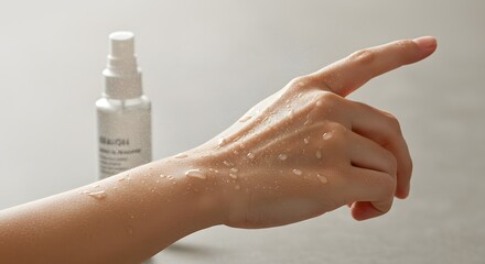 Hand Applying Moisturizer with Spray Bottle on White Background, PNG Style, HD Minimal