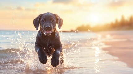 Black Lab Puppy Beach Fun: An adorable black Labrador retriever puppy joyfully bounds through the ocean waves at sunset, capturing the essence of carefree fun and playful energy.