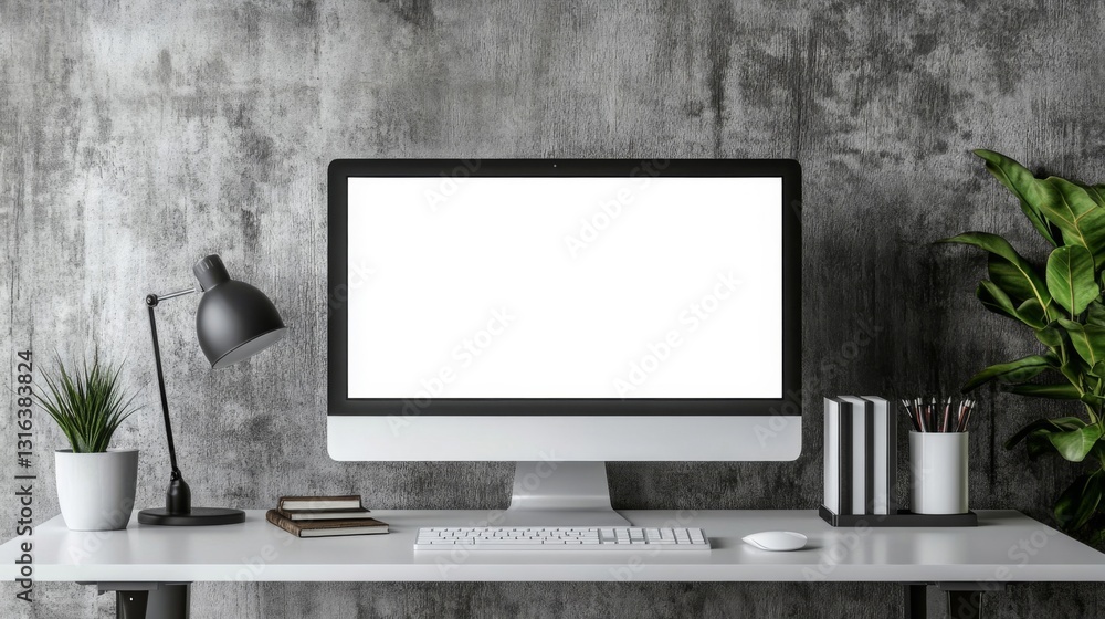 Poster modern minimalist white desk setup with blank computer screen