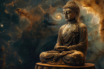 Ancient statue great Buddha on bright holiday composition, abstract vivid composition consists of fictional unreal fantastic vision on background