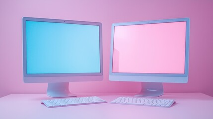 Two computers with blue and pink screens sit on pink desk with keyboards