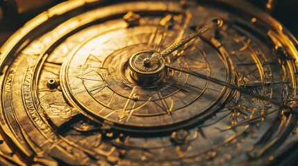 A close up view of a detailed golden astronomical instrument