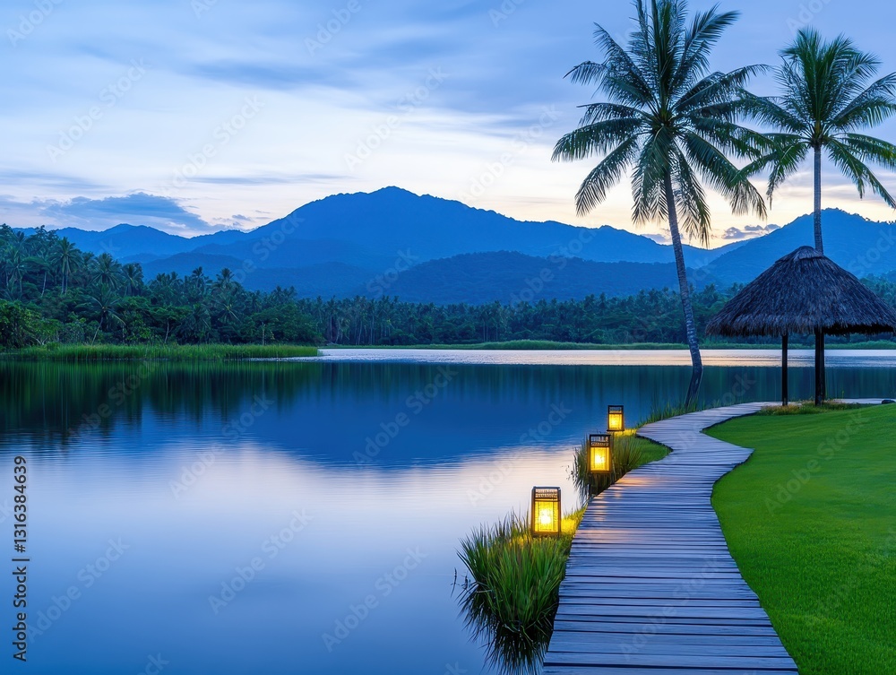 Poster serene lakeside view at dusk with palm trees and illuminated pathway
