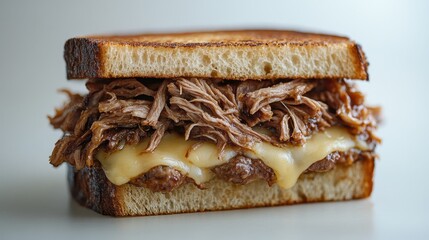 A golden-brown masterpiece of toasted bread, layered with succulent pulled meat, tangy onions, and gooey melted cheese, against a crisp white backdrop, ready to capture the essence of this culinary