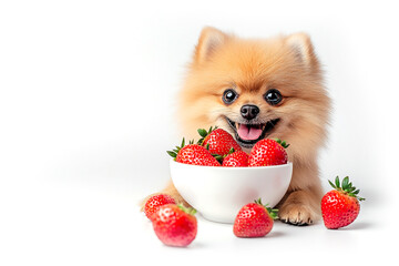 Adorable Pomeranian with a Bowl of Fresh Strawberries isolated on white background. Generative AI Illustration