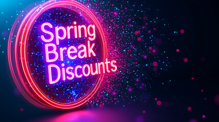 vibrant neon sign displays Spring Break Discounts with colorful sparkles, creating energetic and festive atmosphere