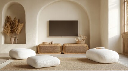 Neutral Beige Living Room Interior Design with Rattan Furniture