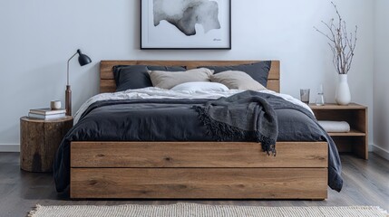 Generative AI, Modern Minimalist Bedroom with Wooden Bed Frame and Neutral Tones