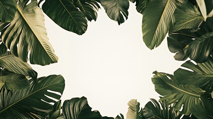 Green Tropical Leaves Frame on White Background
