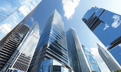 Modern Skyscrapers with Glass Facades Reaching into Clear Blue Sky with Clouds Above in an Urban City Landscape during Daylight