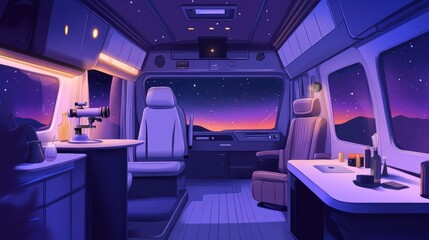 Fototapeta premium Interior of a vehicle overlooking a scenic starlit night