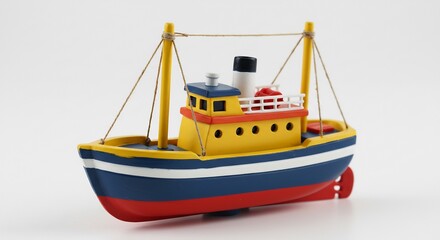 Naklejka premium Charming yellow toy boat floats gently against bright white background. AI Generated