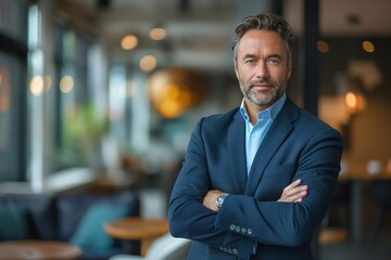 Fototapeta premium Confident middle-aged man with salt-and-pepper hair poses in a modern interior, exuding professionalism and charisma.