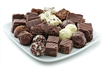 Indulgent chocolate truffle and fudge platter elegantly arranged on a pristine white background.