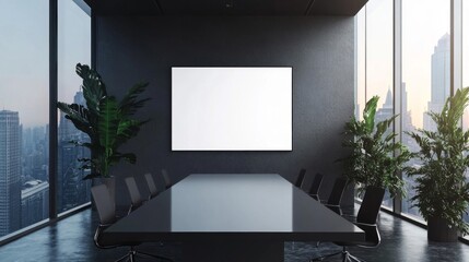 Modern Dark Meeting Room with City View and Blank Screen