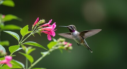 Obraz premium Hummingbird delicately sips nectar from vibrant pink flower soft sunlight bathes scene. AI Generated