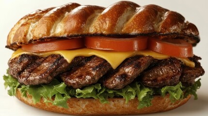 A Suya burger, a culinary masterpiece, cradled in a pretzel bun. A succulent thin grilled sirloin suya steak, its edges kissed by the grill, lay nestled within. Topped with melted American cheese,