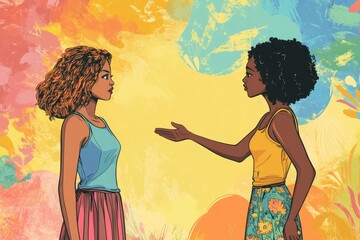 Empathy and friendship concept. Girl extends a helping and supportive hand to her friend.  Black woman cares timid and indecisive female adolescent with psychological problems. AI