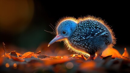 Fototapeta premium Tiny blue bird chick illuminated by golden light, nestled amongst autumn leaves.