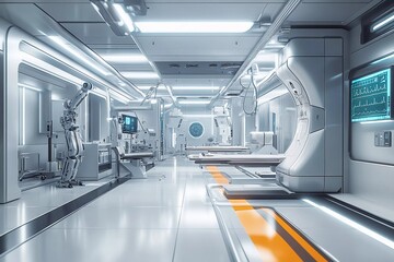 Fototapeta premium Modern surgical room equipped with advanced robotic technology and essential medical instruments