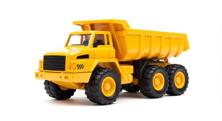 Brightly colored toy dump truck gleams under studio lighting. AI Generated