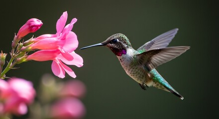 Hummingbird delicately sips nectar soft light illuminates vibrant pink flower. AI Generated
