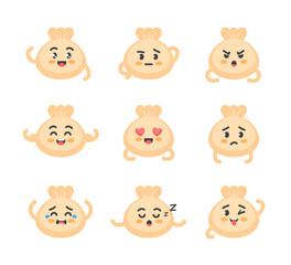 Dim sum character poses and emotions set, mascot of oriental food, delivery and asian fast food in cartoon kawaii style