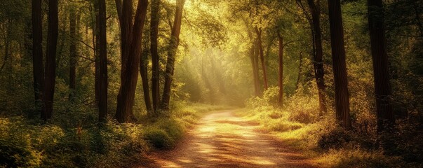 Obraz premium Tranquil forest path shaded by towering trees, inviting a peaceful stroll through nature's embrace.