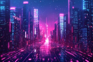 Obraz premium A futuristic city skyline reflecting vibrant colors at nighttime hours