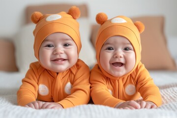 Adorable twin babies, one male and one female, dressed in matching orange outfits, smiling warmly at the camera.