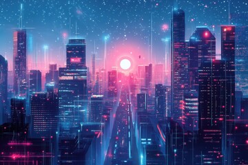 Fototapeta premium A Futuristic City Skyline Illuminated With Neon Lights And Stars