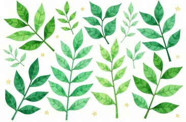 Seamless botanical pattern. Collage made from leaves cut out from colored paper on white background. Watercolor painting. Green colors.