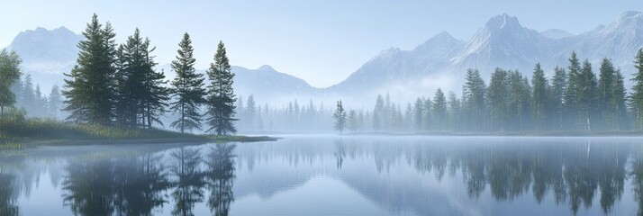 Fototapeta premium A tranquil early morning mist over a calm lake, with the reflection of pine trees and mountains on the waterâ€™s surface. 