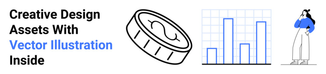 Dynamic 3D coin illustration, bar chart, pensive figure, and creative text. Ideal for analytics, finance, strategy, education, business creativity and flat landing page banner