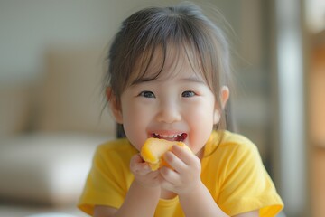 Smiling Asian girl in a yellow shirt enjoying a slice of fruit at home, radiating happiness and joy.