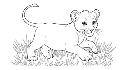 Cute Lion Cub playfully walks through tall grass. AI Generated