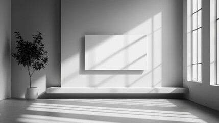 Fototapeta premium Minimalist White Room with Blank Canvas and Sunlight