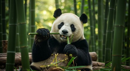 Fototapeta premium Adorable panda calmly munches bamboo stalks bathed in soft sunlight. AI Generated