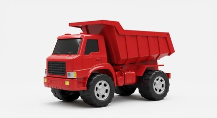 Red toy dump truck brightly lit against white background. AI Generated