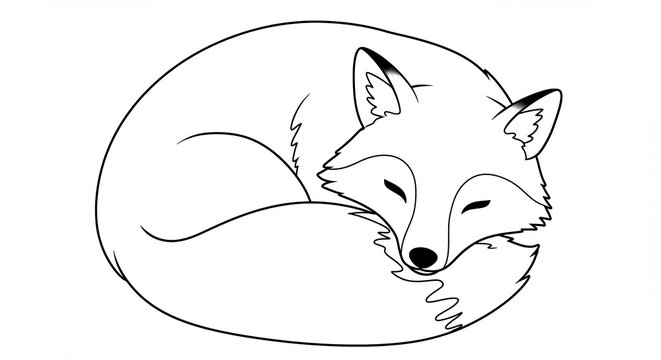 Sleeping fox curled peacefully in minimalist line art drawing. AI Generated