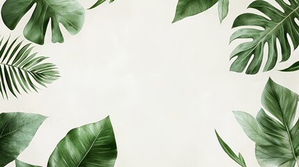 Green Tropical Leaves on Beige Background