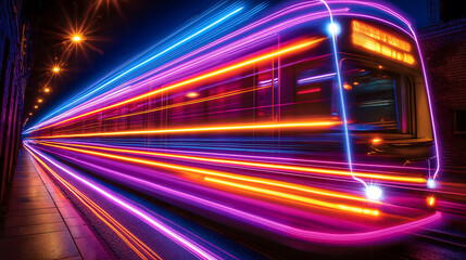 Fototapeta premium vibrant long exposure shot captures dynamic motion blur of neon city lights as train speeds through urban nightscape, creating futuristic and energetic atmosphere