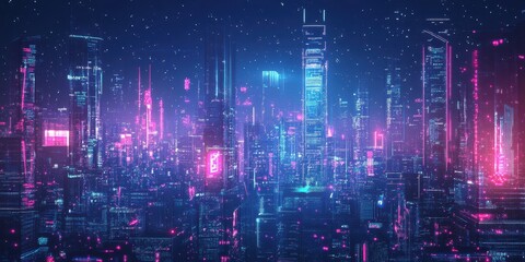 Fototapeta premium A futuristic city skyline is glowing vibrantly in the night