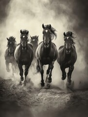 Majestic Horses Running Through Dusty Landscape in Monochrome