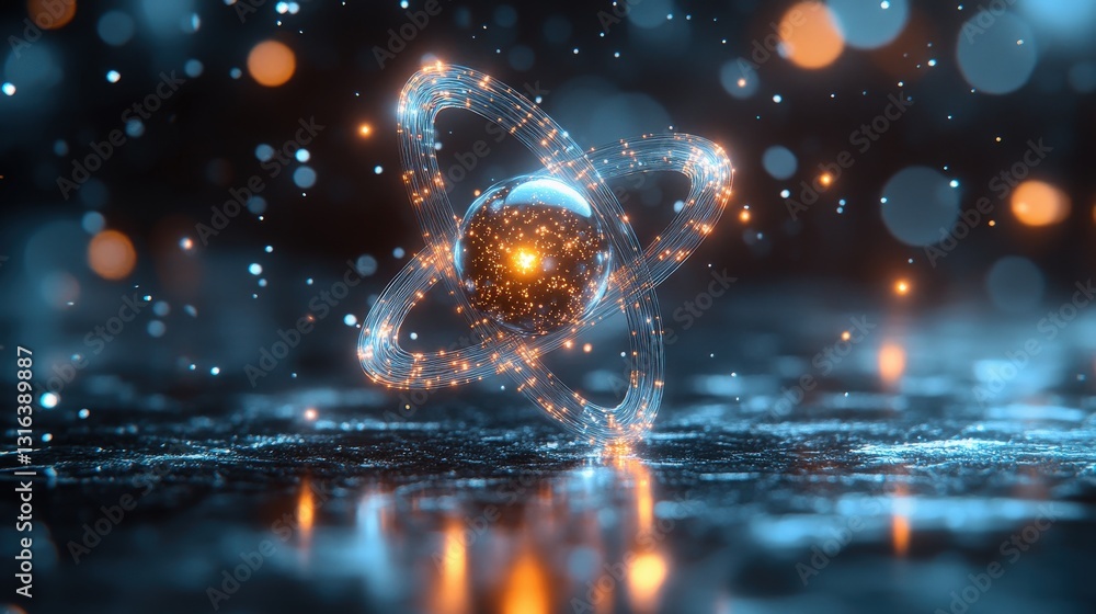 Poster abstract atom model with glowing particles, ideal for science, technology, and innovation concepts. 
