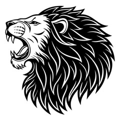 lion head black silhouette vector illustration, kingly style, cool, heroic, with flying hair, fine hair, on transparent background
